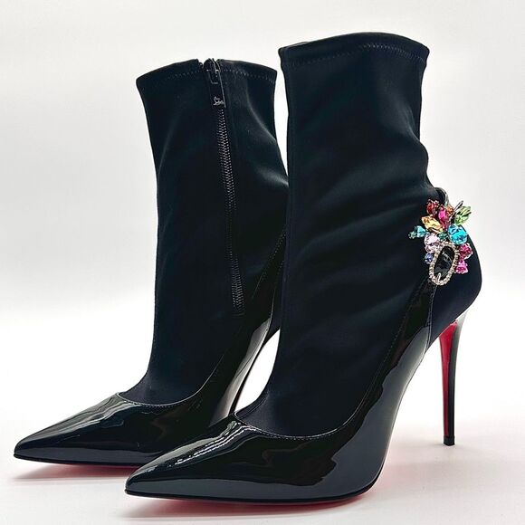 Christian Louboutin Jessie Booty Joli 100 Black Patent Satin Ankle EU 37.5 - Picture 4 of 14